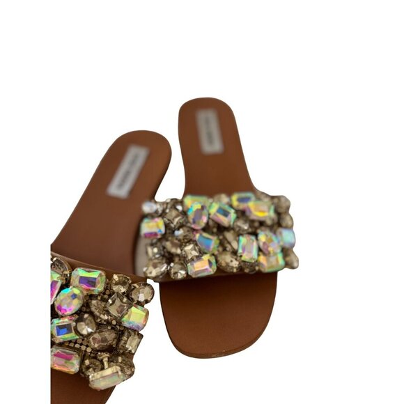 Steve Madden Brionna Rhinestone Flats Tan Leather Jewel Embellished Sandals 7.5 - Picture 5 of 16